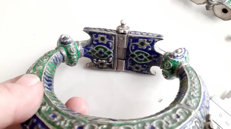 Tribal vintage complete handmade very rare silver enamel sindh anklets pair / free shipping image 7