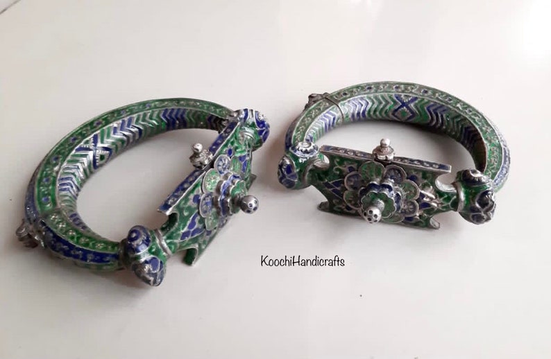 Tribal vintage complete handmade very rare silver enamel sindh anklets pair / free shipping image 2