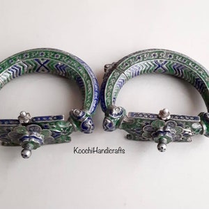 Tribal vintage complete handmade very rare silver enamel sindh anklets pair / free shipping image 3