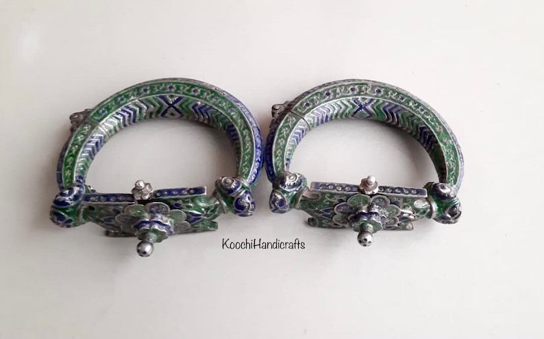 Tribal vintage complete handmade very rare silver enamel sindh anklets pair / free shipping image 3