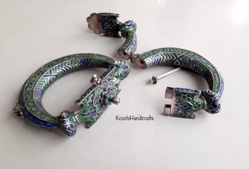 Tribal vintage complete handmade very rare silver enamel sindh anklets pair / free shipping image 4