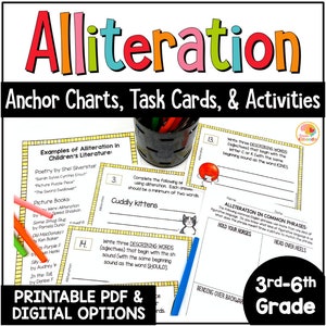 Alliteration Activities Task Cards, Anchor Charts, and Worksheets: Figurative Language Worksheets and Activities for Kids