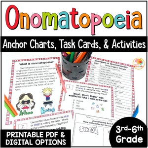 Onomatopee-activiteiten Taakkaarten, werkbladen en ankerdiagrammen: spraakfiguren voor leerlingen, literaire apparaten