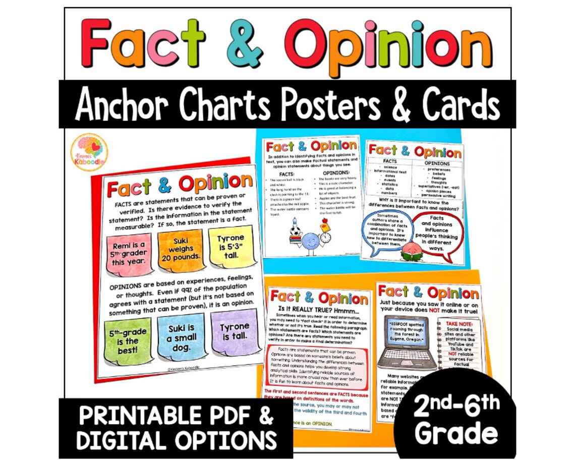 Fact and Opinion Anchor Charts: Reading Skills Reference Sheets for ...
