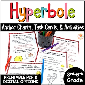 Hyperbole Activities: Worksheets, Task Cards, and Anchor Charts