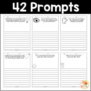 Puede incluir: Hoja de trabajo imprimible en blanco y negro con 42 indicaciones de escritura para ni&ntilde;os. Cada indicaci&oacute;n presenta una ilustraci&oacute;n simple y una pregunta para inspirar la escritura creativa.