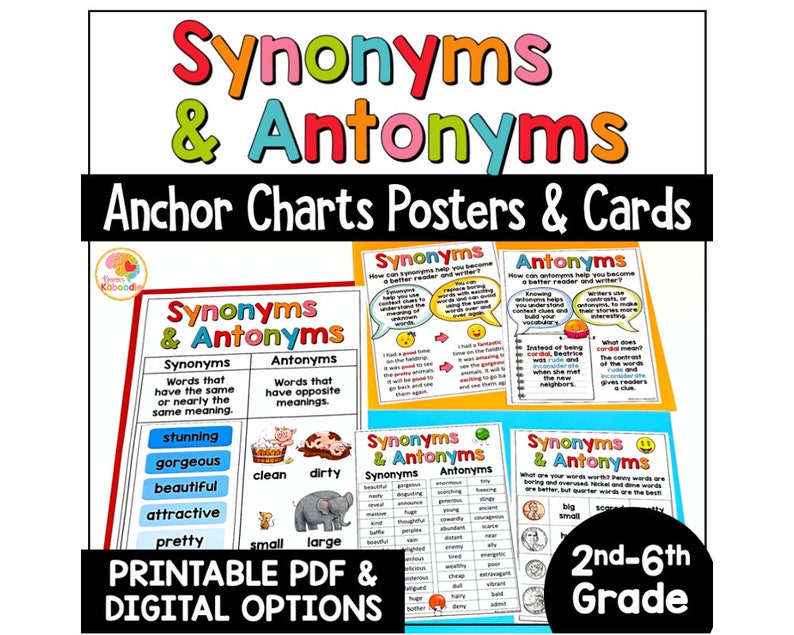 Synonyms and Antonyms Anchor Charts: Word Study Reference Sheets Posters image 1