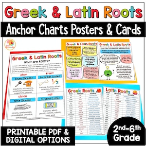 Tableaux d'ancrage des racines grecques et latines, feuilles de référence pour l'étude des mots, affiches du tableau d'affichage des parties de mots, racines latines et grecques pour les enfants