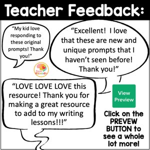 Puede incluir: Comentarios de profesores sobre un recurso con indicaciones de escritura. Los comentarios son positivos, con frases como "&iexcl;ME ENCANTA ME ENCANTA ME ENCANTA este recurso!" y "&iexcl;Excelente! Me encanta que sean indicaciones nuevas y &uacute;nicas que no hab&iacute;a visto antes!"