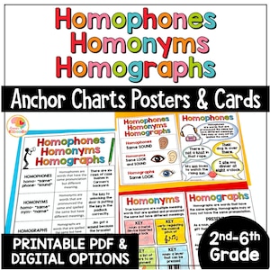Homophones, Homographs, Homonyms Anchor Charts: Reading Skill Reference Sheets Poster
