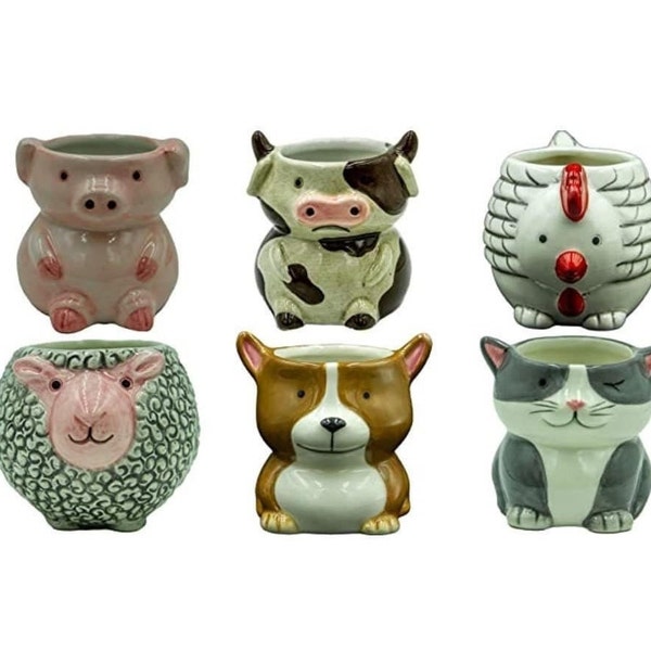 Animal Succulent Planters - Set of 6 - Cute Dog Cat Sheep Pig Cow Chicken Indoor Succulent Pots