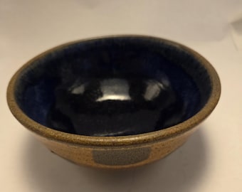 Ceramic Serving Bowl: Deep Blue Interior, Mottled Brown Exterior