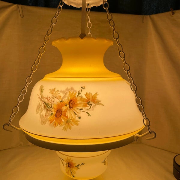 Ornate Victorian GWTW Style Hanging Hurricane Yellow Lamp Rare Ruffled Glass