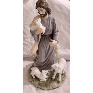 11&quot; Porcelain Jesus The Good Shepard with Lambs Figurine