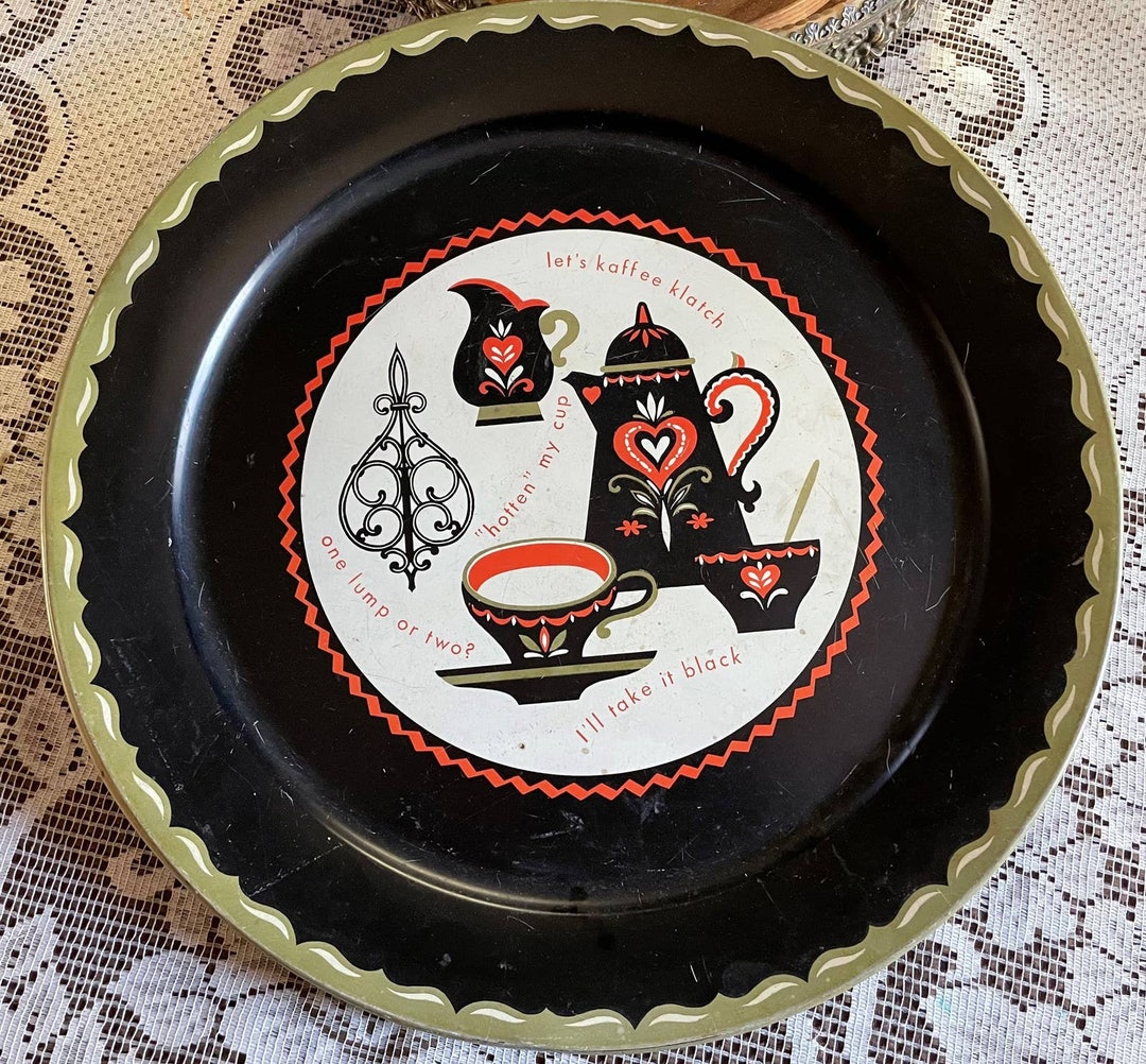 Marcelline Stoyke 19 Round Metal Mid Century Serving Tray 1950s Coffee