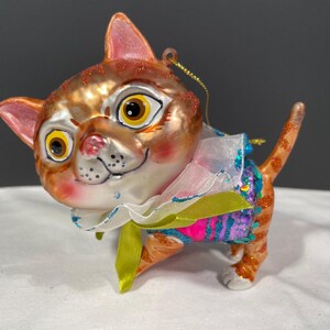 Unique Kitty Cat Mercury Glass Hand Painted Christmas Ornament
