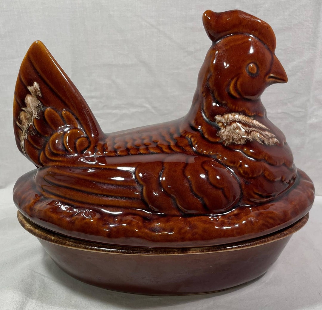 Vintage Hull Pottery Oven Proof USA Brown Drip Large Hen Etsy