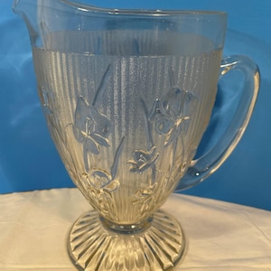 Vintage Depression Glass Jeannette Iris and Herringbone Pitcher Clear Footed 9&quot;