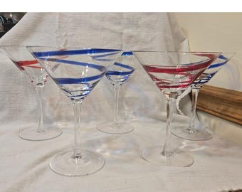 Pier 1 Swirline Red & Blue 6 1/2" Martini Cocktail Glasses - set of 5