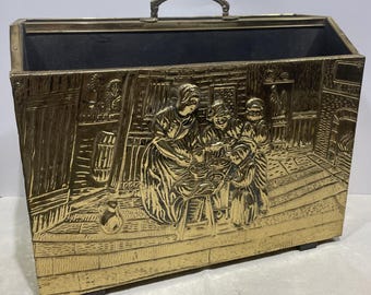 Antique Style Hammered Brass & Wood Magazine Holder or Kindling Made in England