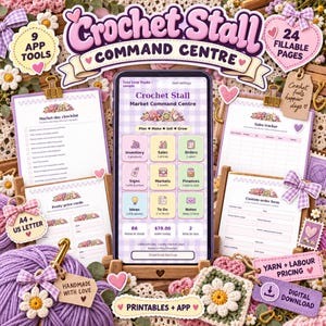 Könnte beinhalten: Eine digitale Crochet Stall Command Centre App-Oberfläche auf einem Smartphone-Bildschirm, umgeben von druckbaren Checklisten, Verkaufs-Trackern und Bestellformularen im violetten Vichy-Muster, mit 9 App-Tools und 24 ausfüllbaren Seiten.