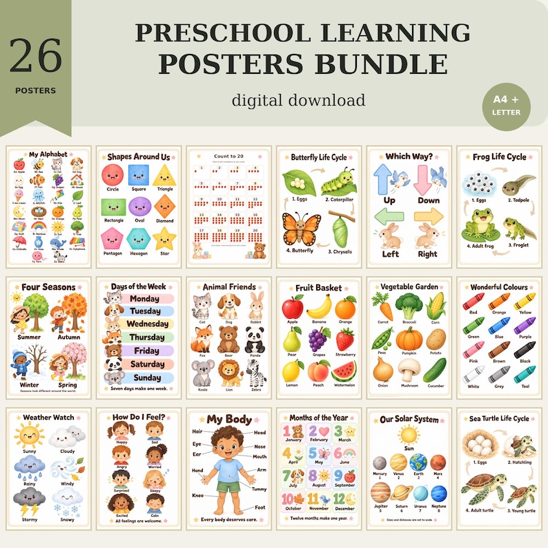 Preschool Learning Posters Bundle, 26 Illustrated Alphabet Numbers ...
