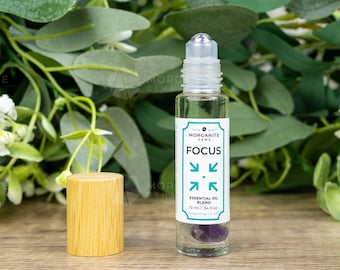 Crystal-Infused Focus Essential Oil Roll-On Blend, Aromatherapy Clarity Oil