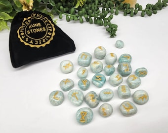 Amazonite Semi-Precious Gemstone Rune Sets with Velvet Pouch