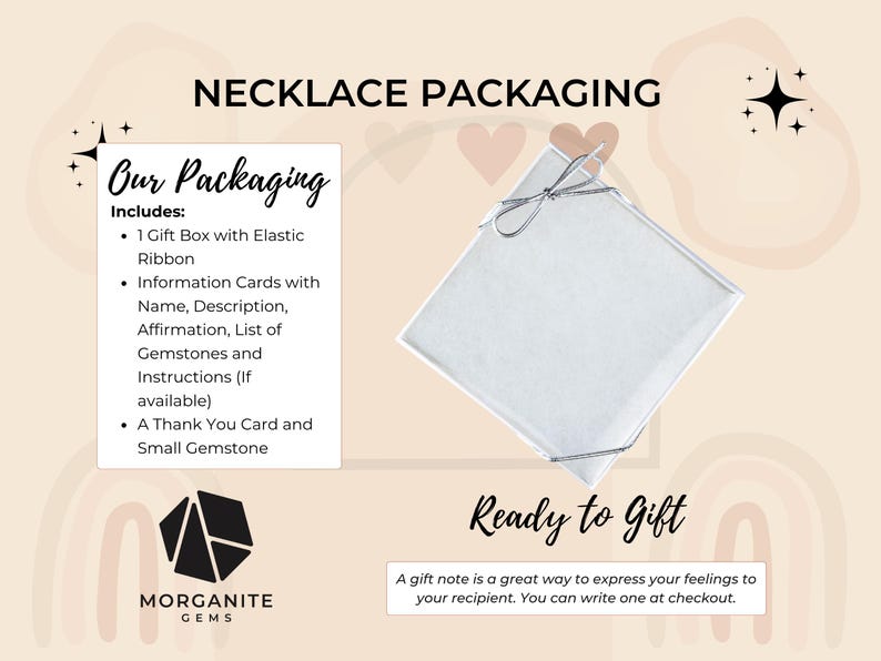 May include: Image of necklace packaging with a white gift box tied with a silver ribbon. The packaging includes a gift box, information cards, and a thank you card. The text reads "Necklace Packaging" and "Ready to Gift."
