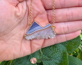 Agate Mountain Pendant Necklace in Gold – Blue Banded Druzy Crystal Peak Jewelry – Grounding Stone Pendant for Stability & Balance
