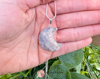 Light Grey Druzy Crescent Moon Pendant Necklace – Shimmering Silver Stalactite Druzy – 22" Snake Chain Celestial Jewelry