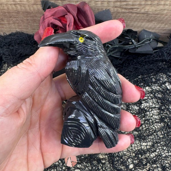 Hand-Carved Black Onyx Raven – Raven Totem in Black Onyx - Available in Multiple Sizes