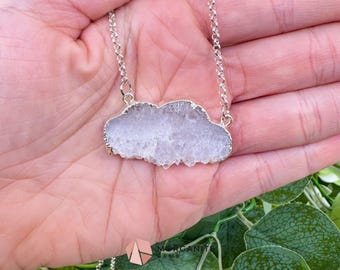 Clear Quartz Cloud Necklace – Polished Druzy Crystal Cloud Pendant – Silver Tone Chain for Clarity, Focus, & High Vibrations