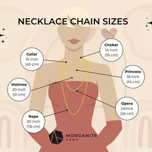May include: Diagram illustrating necklace chain sizes, including choker (14 inches), princess (18 inches), and opera (24 inches). The image shows a woman with various necklace lengths, with measurements in inches and centimeters.