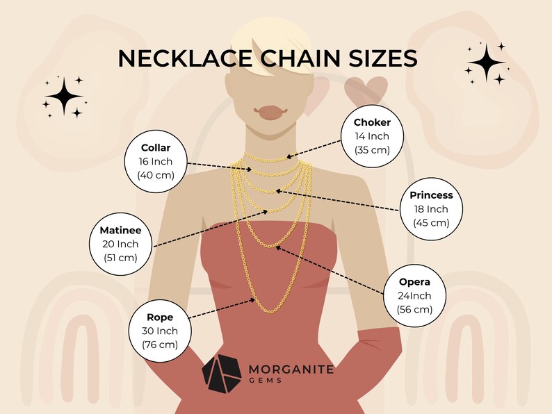 May include: Diagram illustrating necklace chain sizes, including choker (14 inches), princess (18 inches), and opera (24 inches). The image shows a woman with various necklace lengths, with measurements in inches and centimeters.
