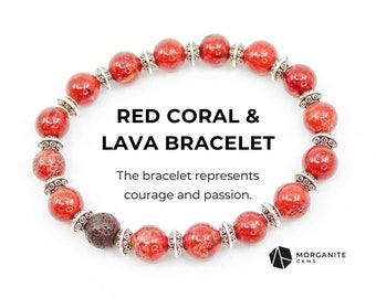 Pulsera de coral rojo con piedra de lava: difusor de aceites esenciales, hecha a mano