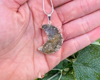 Grey Druzy Crescent Moon Pendant Necklace – Shimmering Raw Crystal Moon Jewelry – 22" Silver Snake Chain for Intuition & Lunar Energy