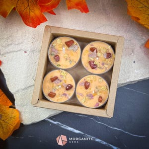 Tealight Fall Candle Set – 4-Pack Fallen Leaves Scent | Autumn Soy Candles with Crystals | Cinnamon Apple Citrus