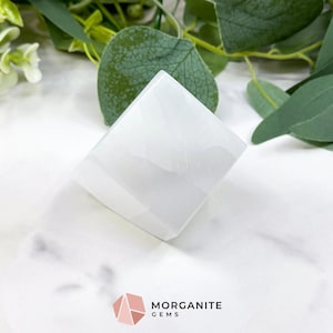May include: A white, geometric selenite crystal, with a faceted design. The crystal is displayed on a white surface, with green foliage in the background. The Morganite Gems logo is visible in the bottom right corner.