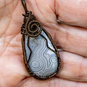 Hand Wire-Wrapped Agate with Gray and White Patterns and Bronze Necklace
