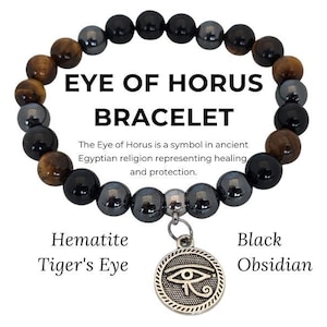 Evil Eye Bracelet | Eye of Horus & Hematite | Egyptian Tiger Eye Black Obsidian Triple Protection Jewelry