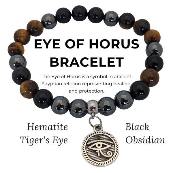 EVIL EYE BRACELET, Eye of Horus, Hematite Bracelet, Egyptian Tiger Eye Black Obsidian Triple Protection Bracelet Religious Jewelry