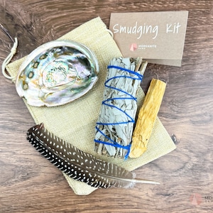 Sage Smudge Kit | New Home Gift | Cleansing Rituals with Feather, Palo Santo, Abalone Shell & Smudge Crystals