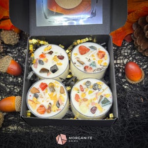 Samhain Tealight Candle Set – 4-Pack Crystal Infused Fall Tealights | Witchy Decor for Ritual & Celebration