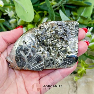 May include: A pyrite stone carving in the shape of a fish. The pyrite has a metallic, reflective surface with a mix of silver and gold tones. The carving is held in a hand, with green foliage in the background. The text "MORGANITE GEMS" is visible.