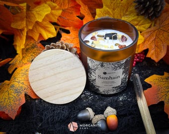 Samhain Soy Candle – 8 oz Brown Frosted Glass | Crystal & Herb Fall Candle | Witchy Decor, Halloween Ritual, Ancestor Offering