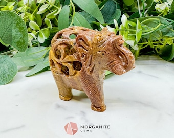 Hand-Carved Soapstone Undercut Elephant No.1 – 3.4" Lattice Sculpture with Baby Inside – Natural Stone Elephant Figurine for Wisdom & Luck