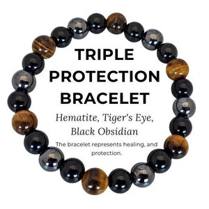 Triple Protection Bracelet: Tiger Eye, Black Obsidian & Hematite, Hand Made