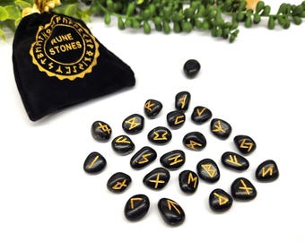 Black Obsidian Gemstone Rune Sets with Velvet Pouch