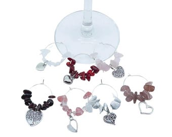 WINE CHARMS SET, Silver Love Wine Glass Markers, Wine Jewelry, Minimalist Gemstone Silver Wine Glass Love Charms Unique Glass Markers